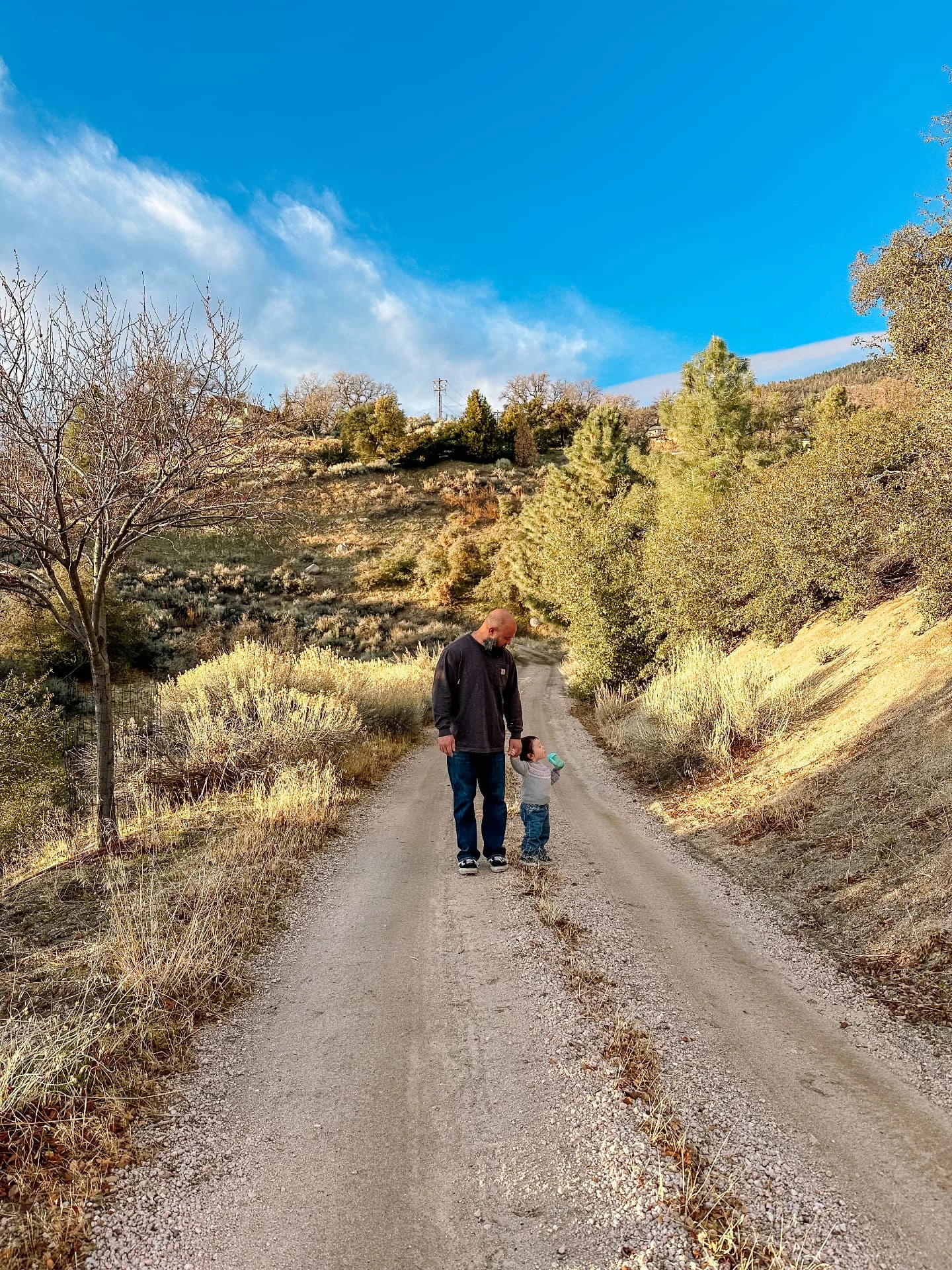 A man and child walking away along a dirt road between golden hills in Tehachapi